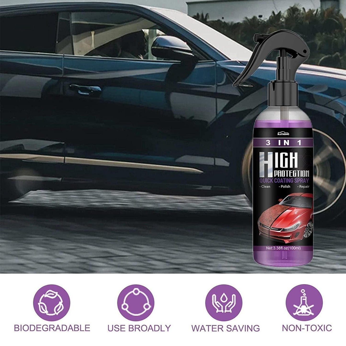 3 in 1 High Protection Car Quick Coating Spray, Car Rapid Ceramic Paint Coating, Nano Polishing Spray, Plastic Parts Refurbisher, Fine Scratch Repair, Extremely Hydrophobic, 100ml. (Pack of 2)