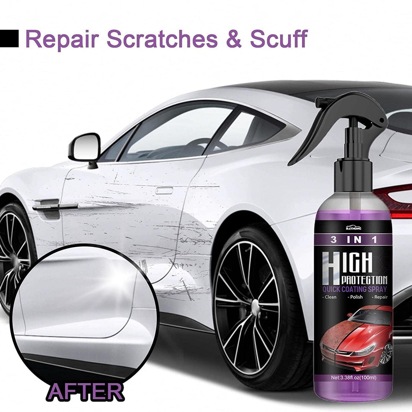 3 in 1 High Protection Car Quick Coating Spray, Car Rapid Ceramic Paint Coating, Nano Polishing Spray, Plastic Parts Refurbisher, Fine Scratch Repair, Extremely Hydrophobic, 100ml. (Pack of 2)