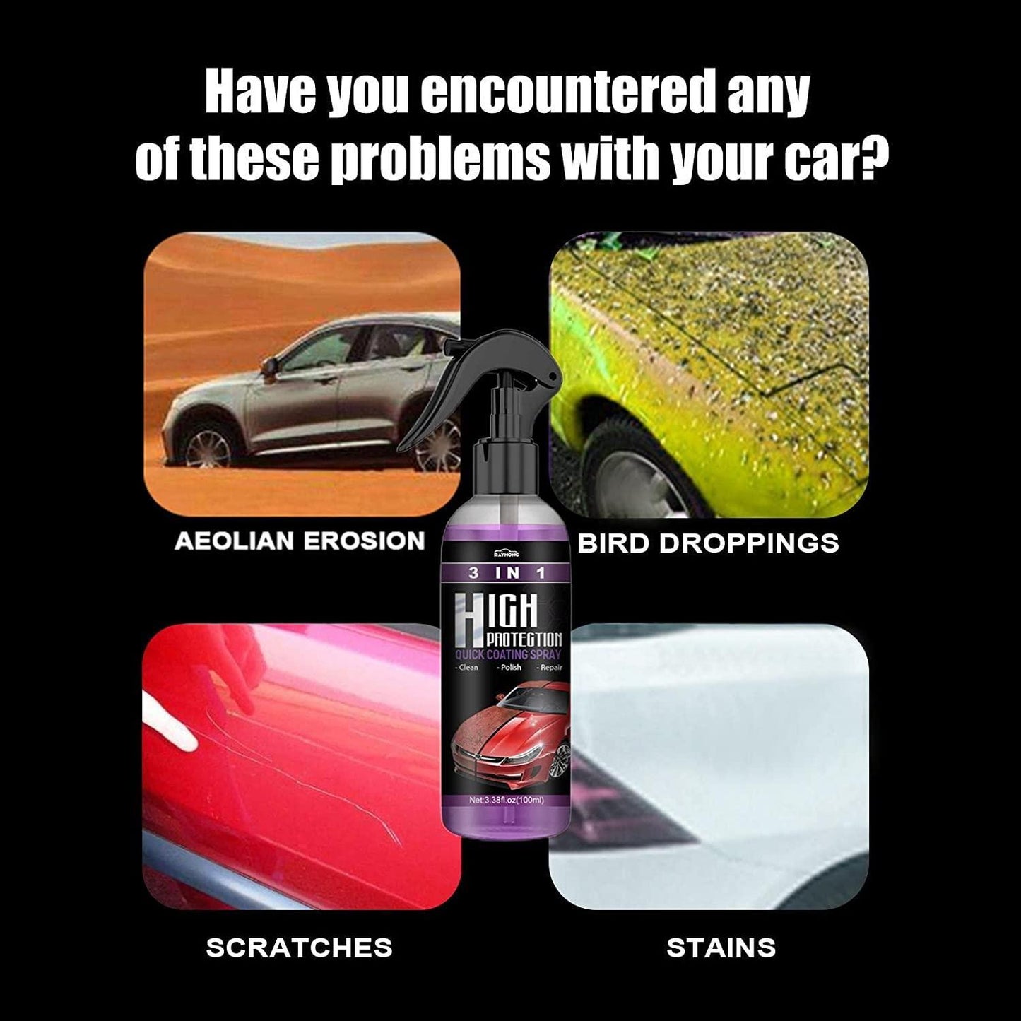 3 in 1 High Protection Car Quick Coating Spray, Car Rapid Ceramic Paint Coating, Nano Polishing Spray, Plastic Parts Refurbisher, Fine Scratch Repair, Extremely Hydrophobic, 100ml. (Pack of 2)