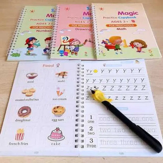 Magic Practice Copybook for Kids with Grooved Letters, Handwriting Improvement Book Set of 4, Reusable Writing Book with Pen Grip & 10 Refills, Preschool Learning Kit Age 3–8