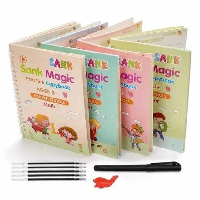 Magic Practice Copybook for Kids with Grooved Letters, Handwriting Improvement Book Set of 4, Reusable Writing Book with Pen Grip & 10 Refills, Preschool Learning Kit Age 3–8